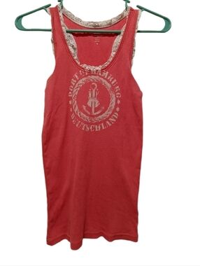 Old Navy Coral-Red Graphic Tank Dress with Lace Trim